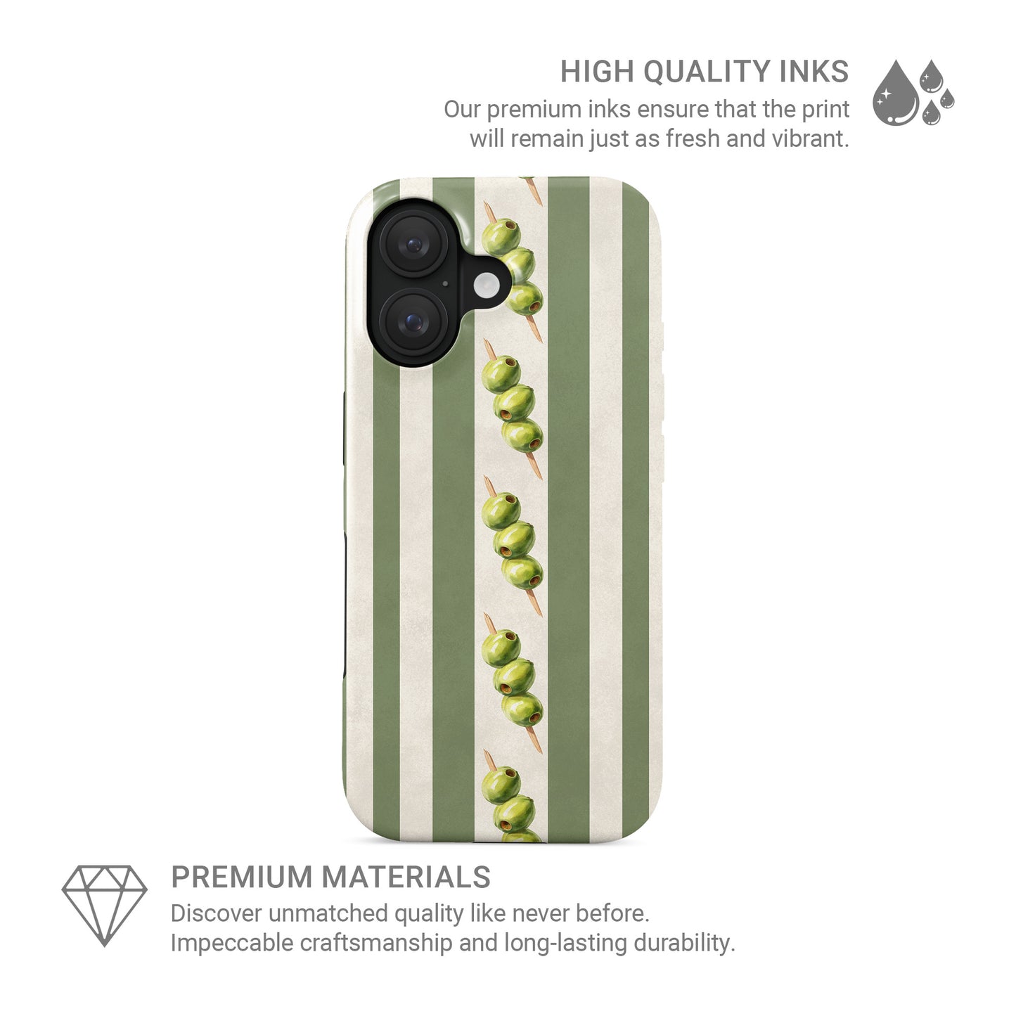 green stripe protective phone case with olive skewer design, olive aesthetic tough case for iPhone Samsung and Google phones