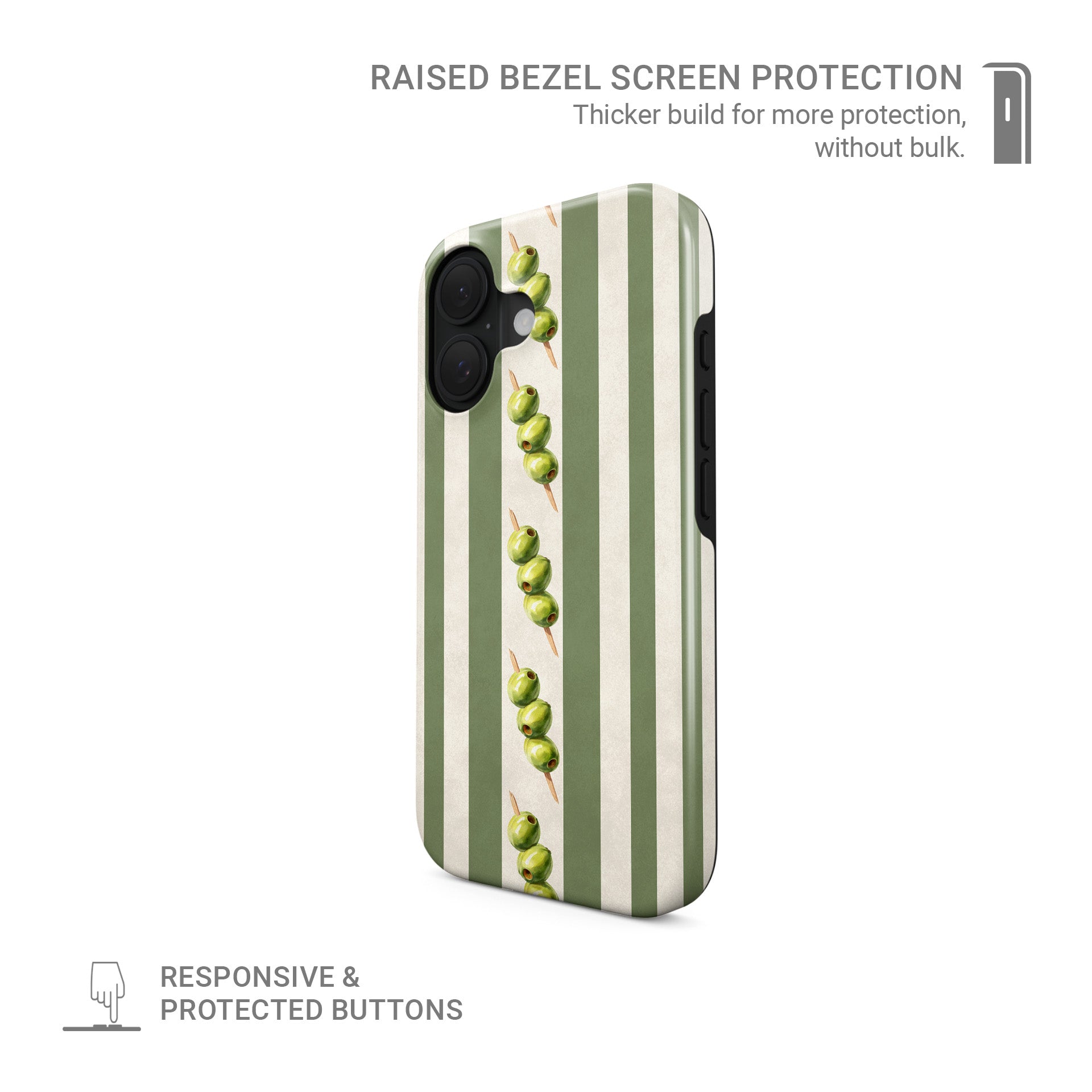 green stripe protective phone case with olive skewer design, olive aesthetic tough case for iPhone Samsung and Google phones
