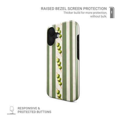 green stripe protective phone case with olive skewer design, olive aesthetic tough case for iPhone Samsung and Google phones