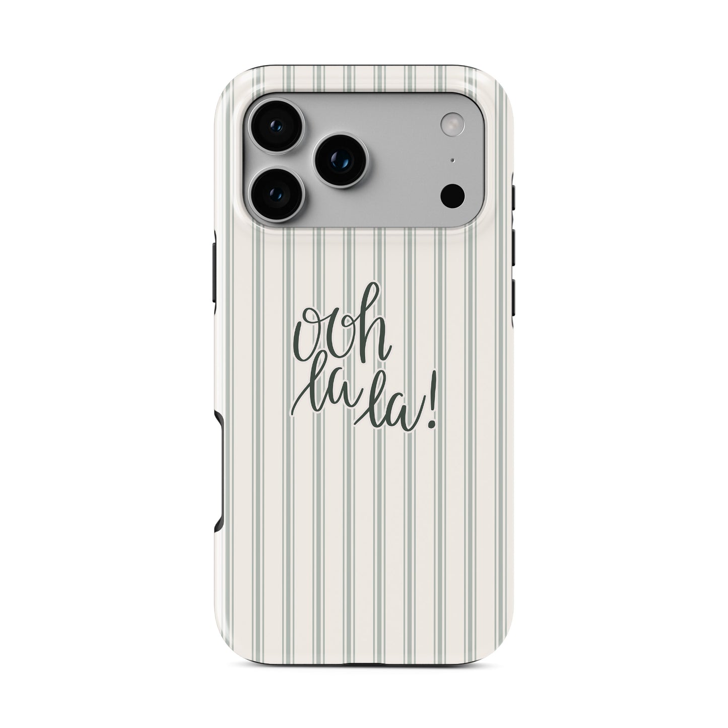 ooh la la tough phone case with neutral stripe background cute aesthetic iphone 15 case minimal quote design stylish cover