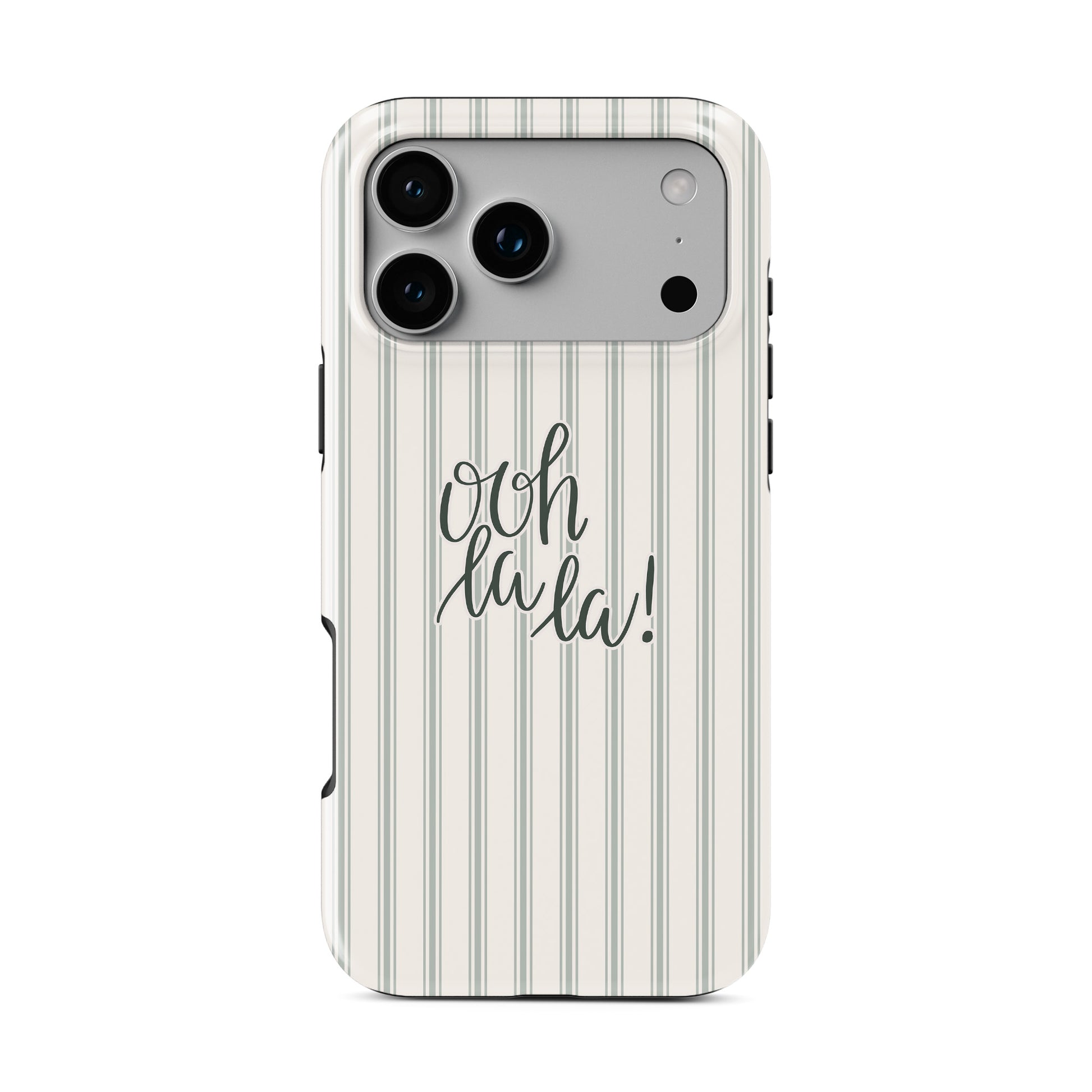 ooh la la tough phone case with neutral stripe background cute aesthetic iphone 15 case minimal quote design stylish cover