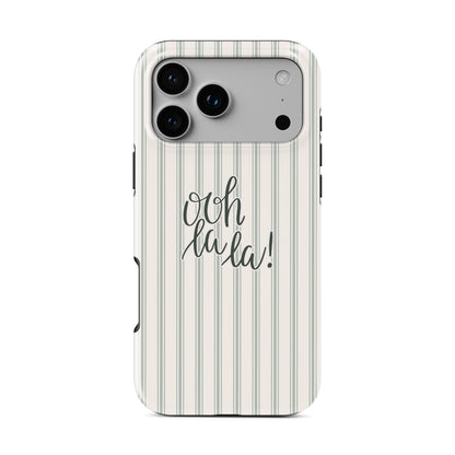 ooh la la tough phone case with neutral stripe background cute aesthetic iphone 15 case minimal quote design stylish cover