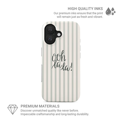 ooh la la tough phone case with neutral stripe background cute aesthetic iphone 15 case minimal quote design stylish cover