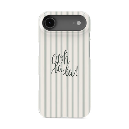 parisian aesthetic phone case with blush stripe pattern and ooh la la text cute iphone 15 case minimal pink design