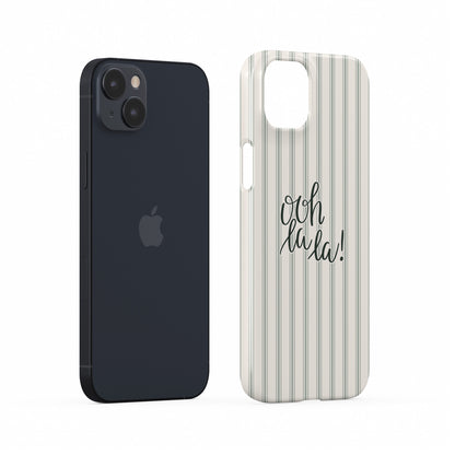 parisian aesthetic phone case with blush stripe pattern and ooh la la text cute iphone 15 case minimal pink design