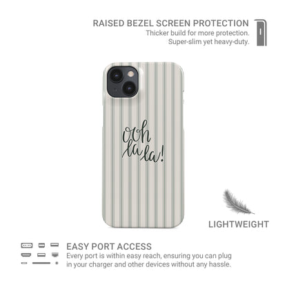 parisian aesthetic phone case with blush stripe pattern and ooh la la text cute iphone 15 case minimal pink design
