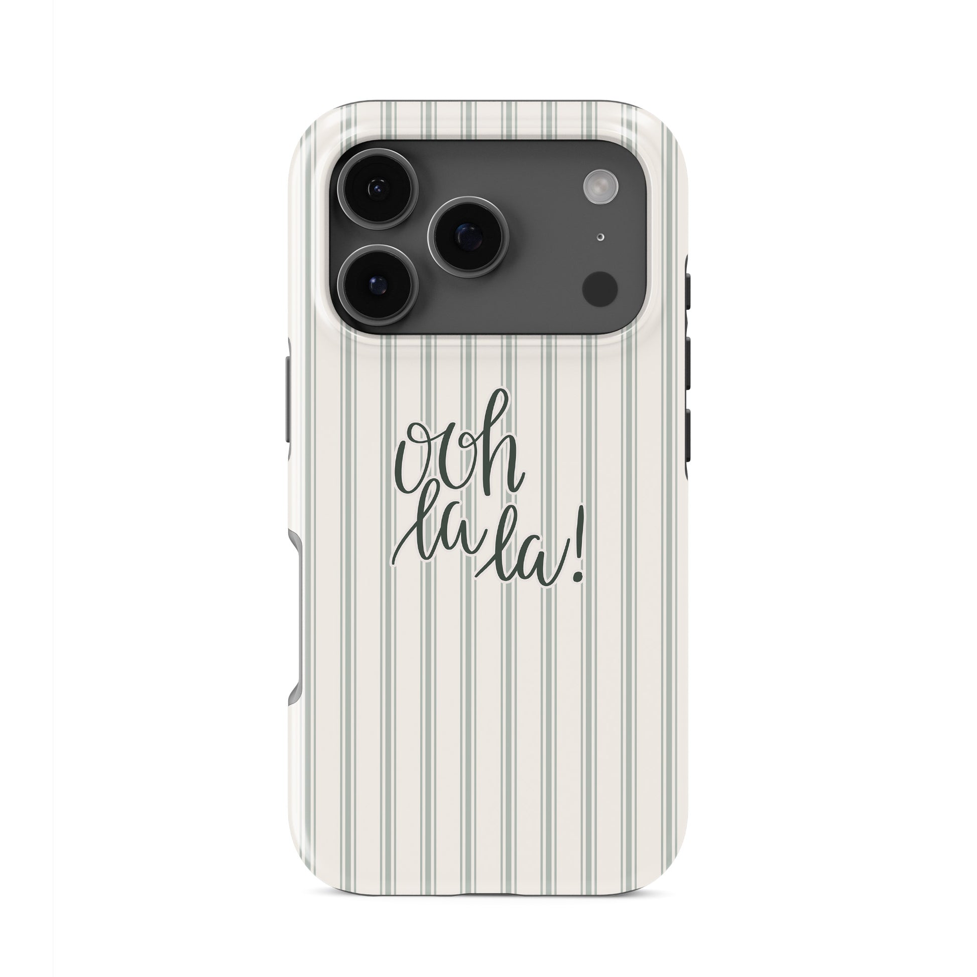 ooh la la tough phone case with neutral stripe background cute aesthetic iphone 15 case minimal quote design stylish cover
