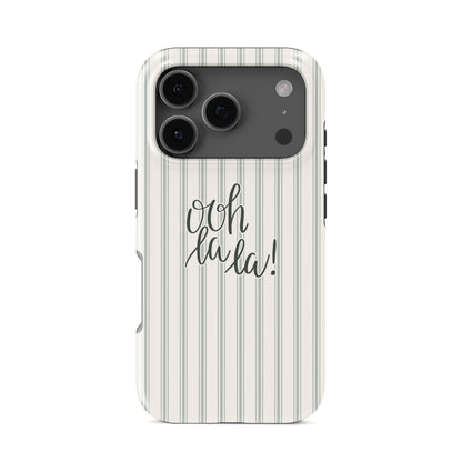 ooh la la tough phone case with neutral stripe background cute aesthetic iphone 15 case minimal quote design stylish cover