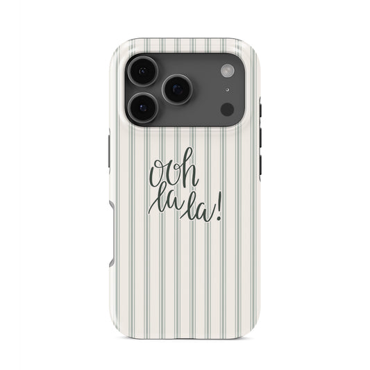 ooh la la tough phone case with neutral stripe background cute aesthetic iphone 15 case minimal quote design stylish cover