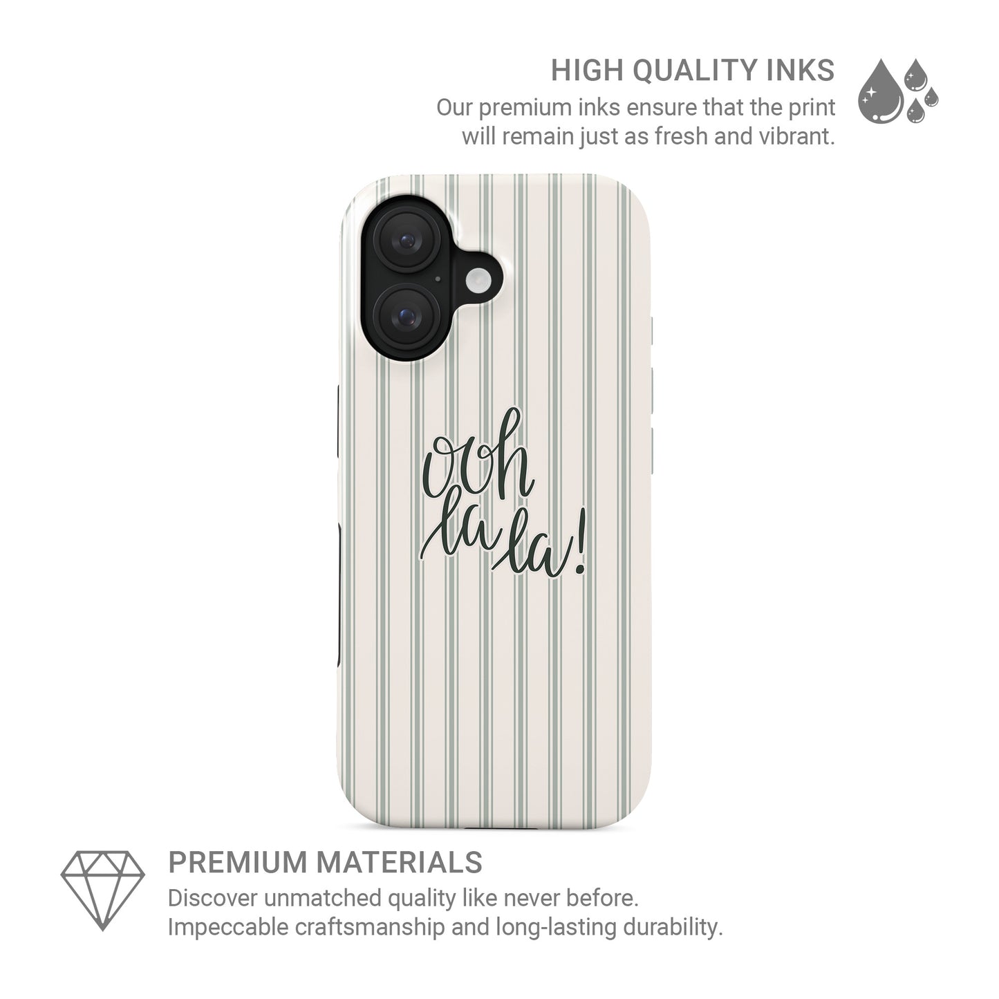 ooh la la tough phone case with neutral stripe background cute aesthetic iphone 15 case minimal quote design stylish cover