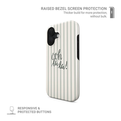 ooh la la tough phone case with neutral stripe background cute aesthetic iphone 15 case minimal quote design stylish cover