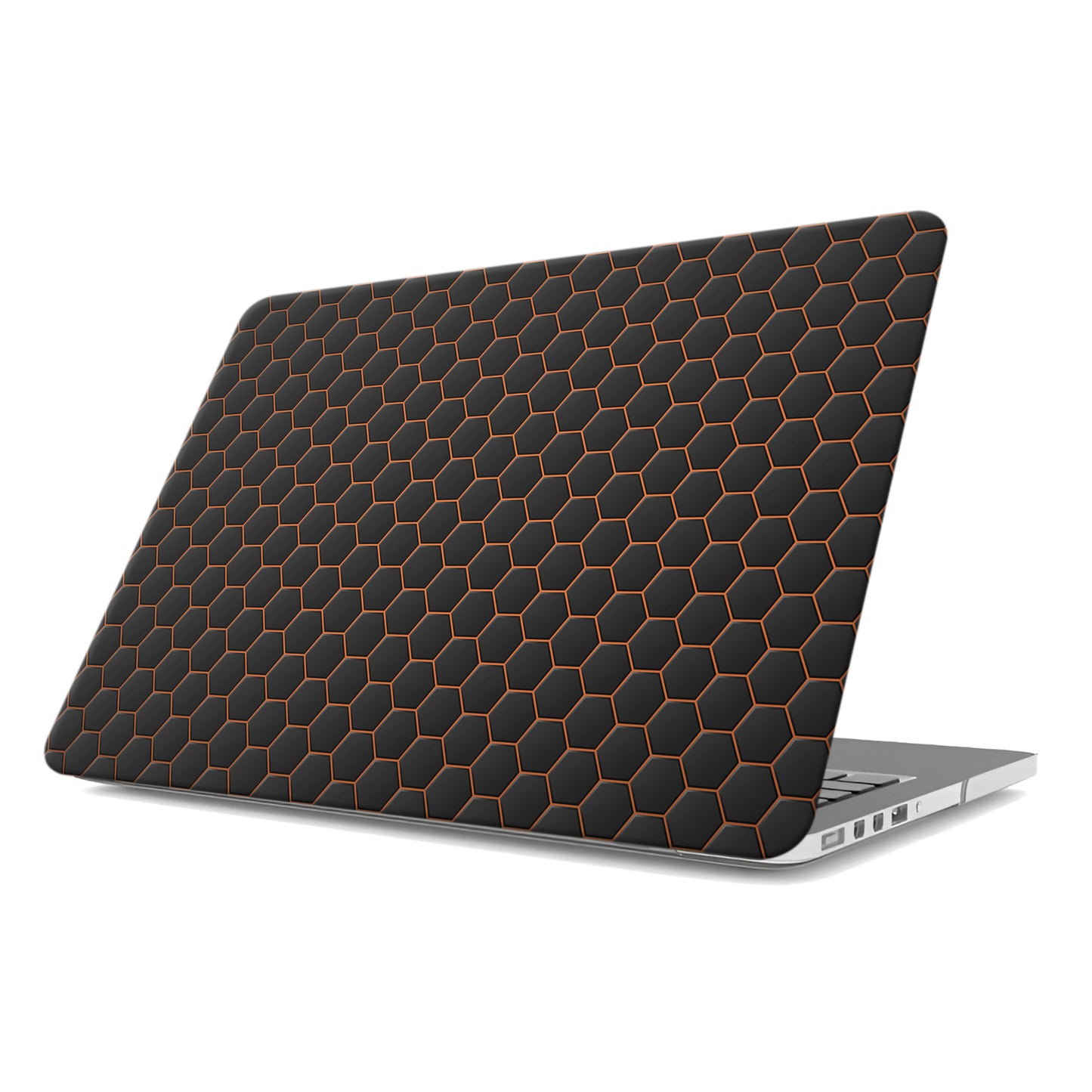 Copper Surge MacBook case with black hexagon design and copper accents in a slim hard shell finish