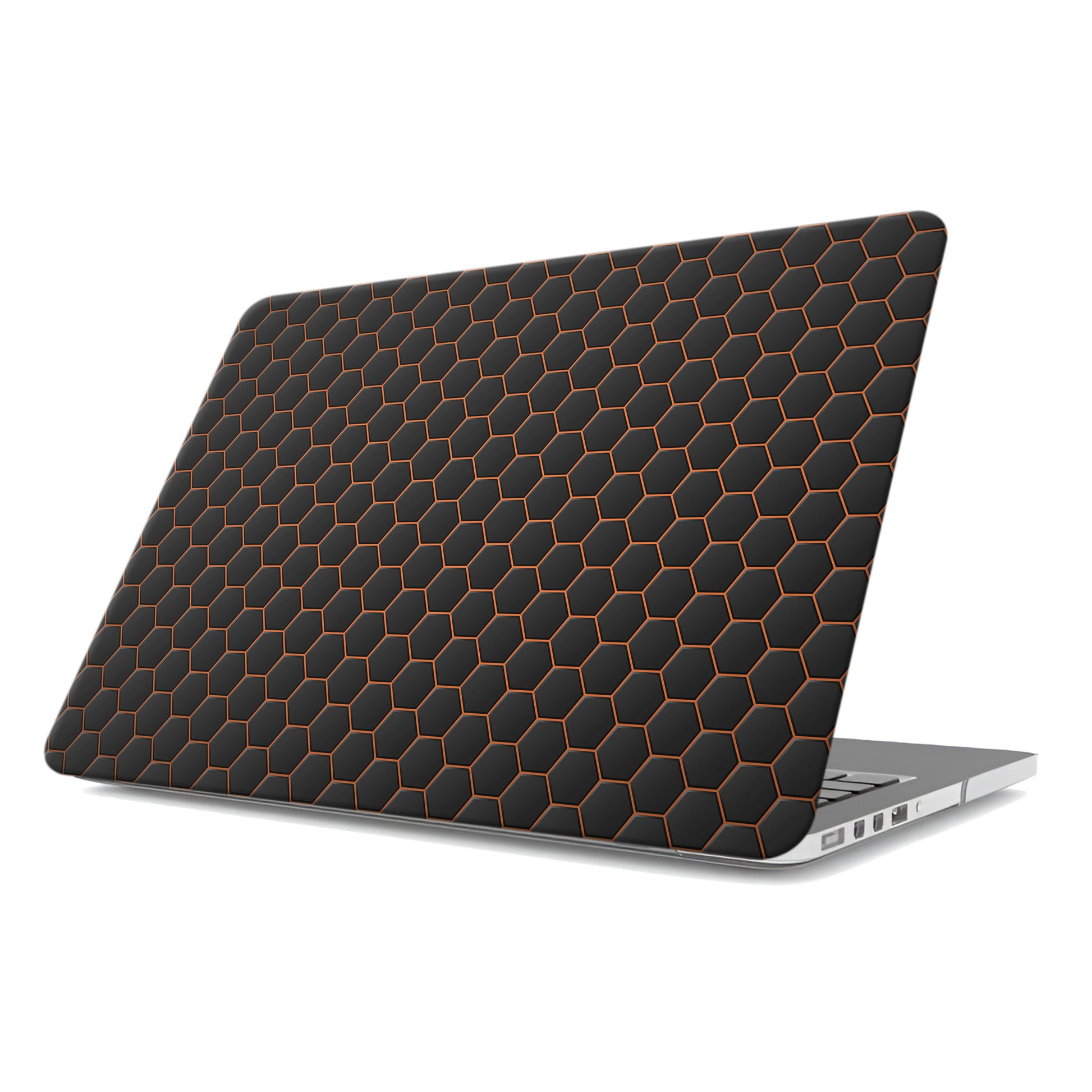 Copper Surge MacBook case with black hexagon design and copper accents in a slim hard shell finish