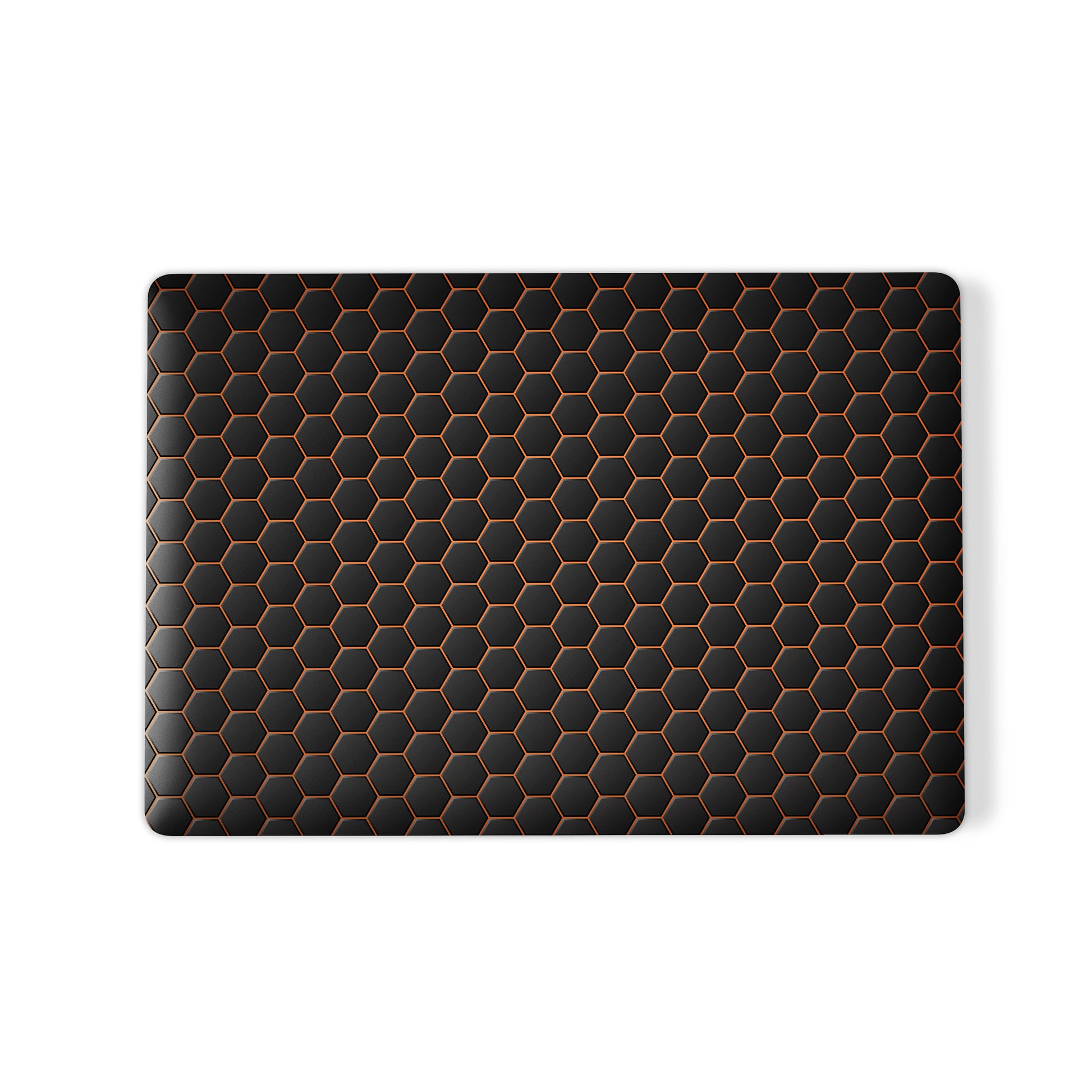 Copper Surge MacBook case with black hexagon design and copper accents in a slim hard shell finish