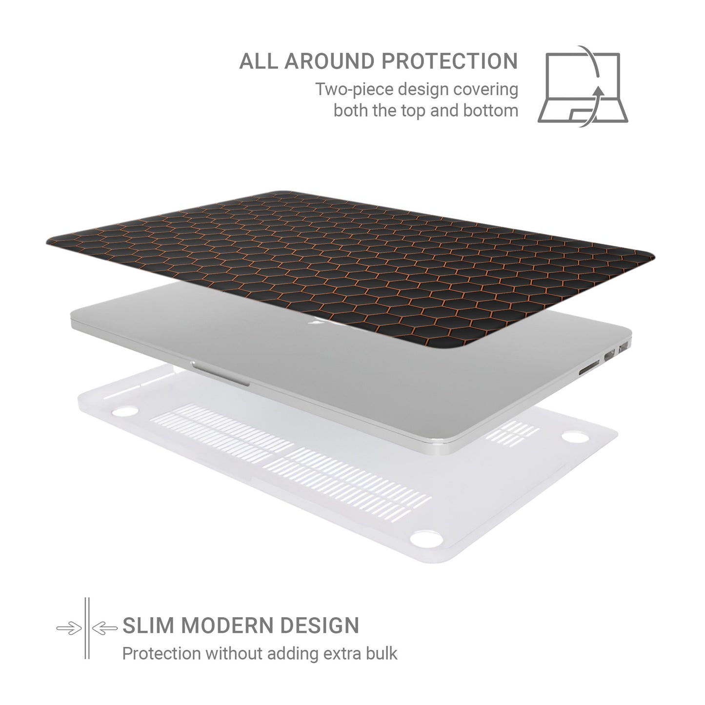 Copper Surge MacBook case with black hexagon design and copper accents in a slim hard shell finish