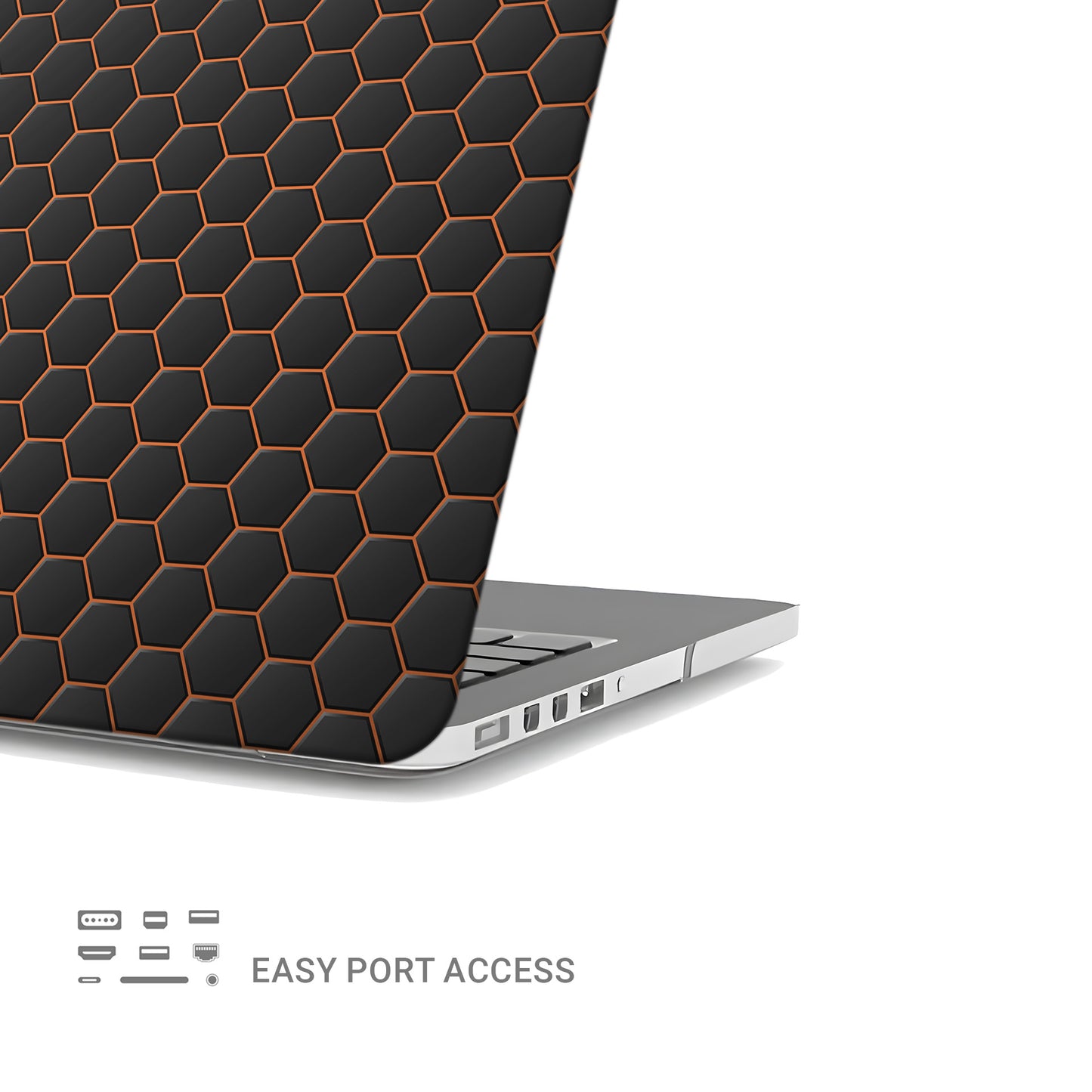Copper Surge MacBook case with black hexagon design and copper accents in a slim hard shell finish