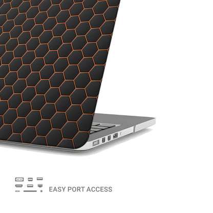 Copper Surge MacBook case with black hexagon design and copper accents in a slim hard shell finish