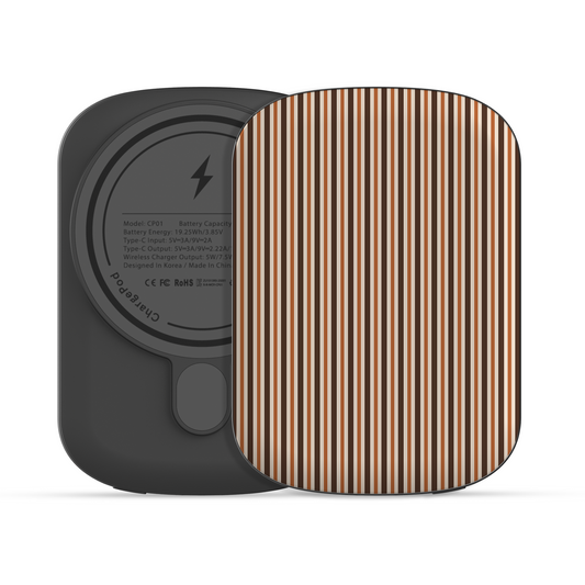 Chestnut Ticking power bank with fine chestnut brown and cream vertical ticking stripes.