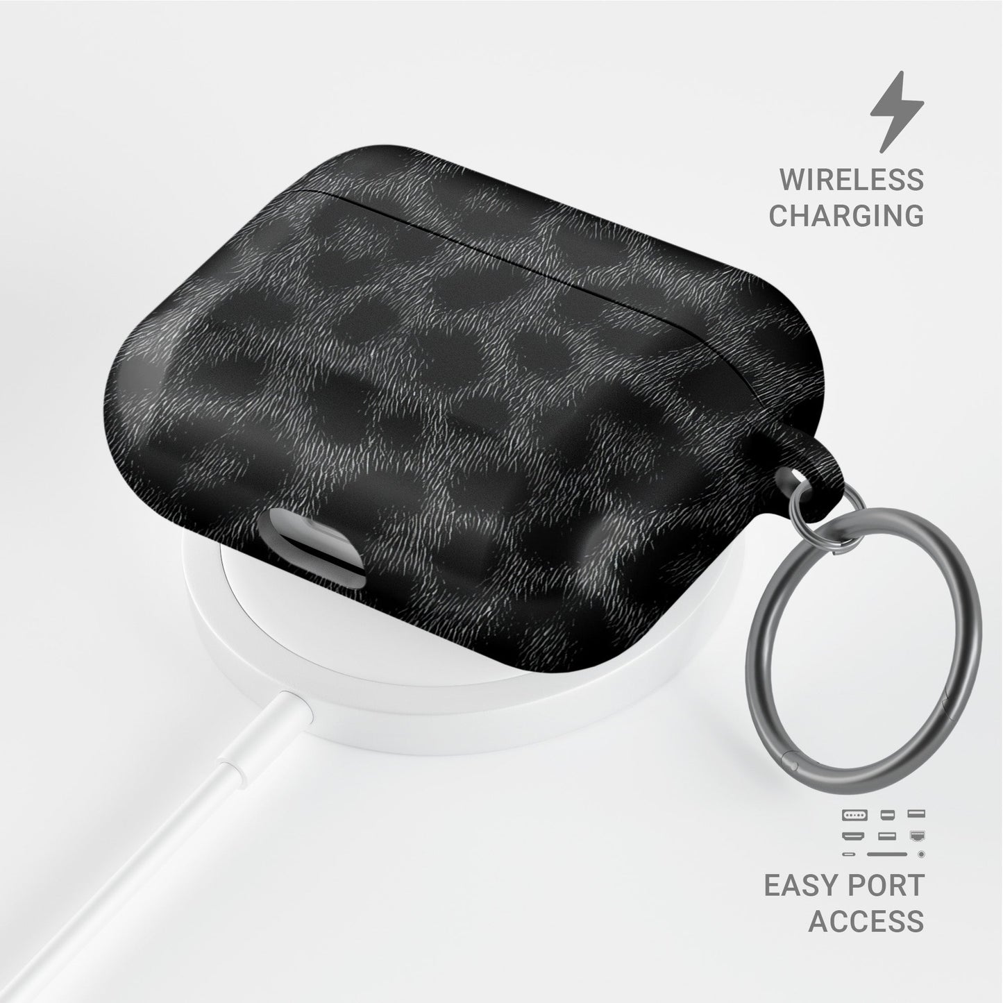 Panthera Eclipse black leopard print AirPods Tough Case with glossy finish, slim single-layer shell, and everyday impact-resistant design.