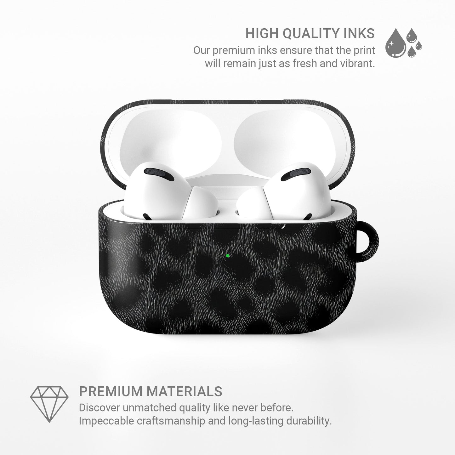 Panthera Eclipse black leopard print AirPods Tough Case with glossy finish, slim single-layer shell, and everyday impact-resistant design.