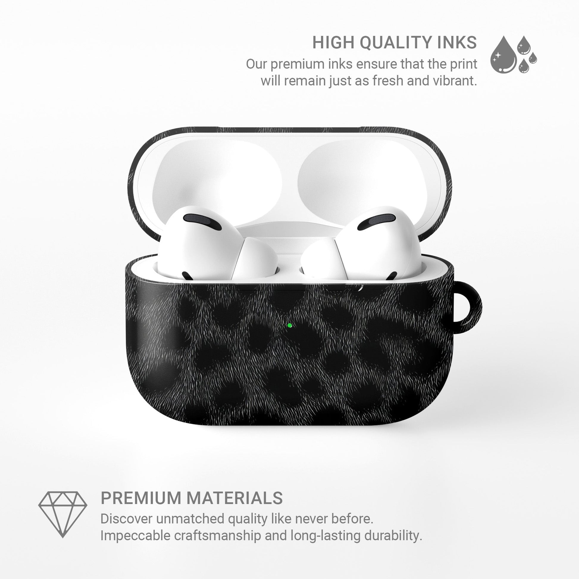 Panthera Eclipse black leopard print AirPods Tough Case with glossy finish, slim single-layer shell, and everyday impact-resistant design.