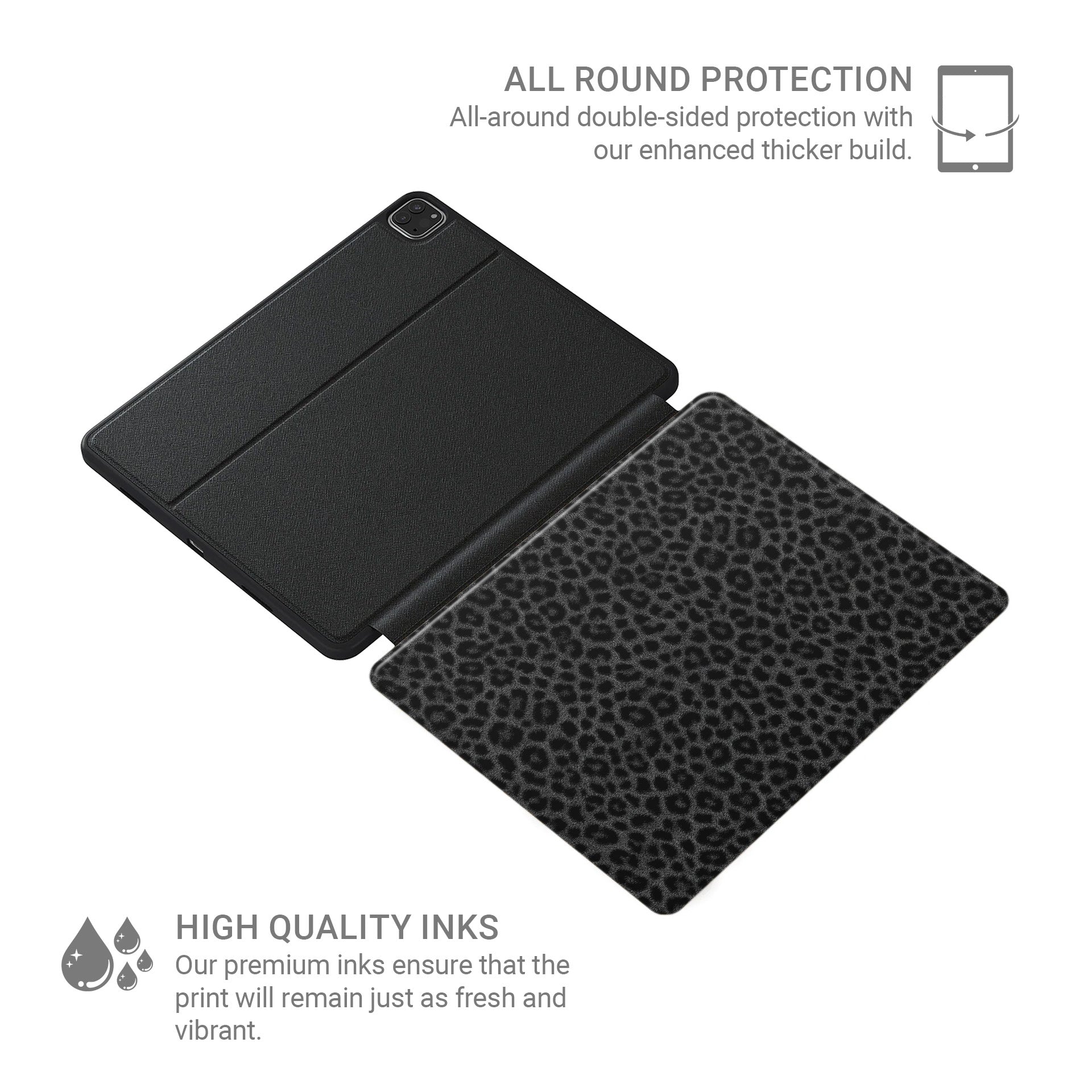 Panthera Eclipse iPad Case with dark leopard print, vegan leather exterior and Apple Pencil holder.