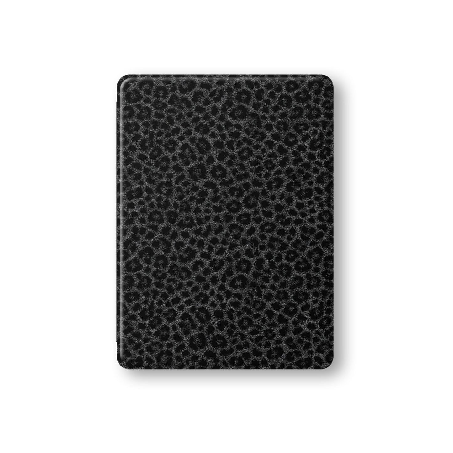 Panthera Eclipse iPad Case with dark leopard print, vegan leather exterior and Apple Pencil holder.