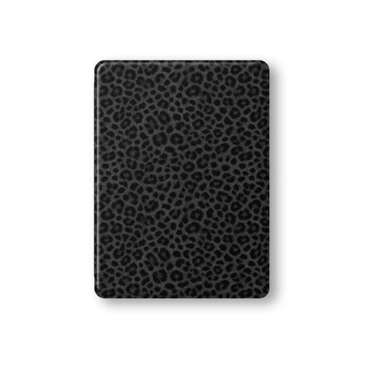 Panthera Eclipse iPad Case with dark leopard print, vegan leather exterior and Apple Pencil holder.