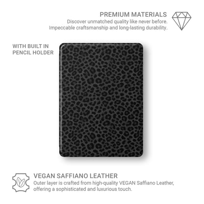 Panthera Eclipse iPad Case with dark leopard print, vegan leather exterior and Apple Pencil holder.