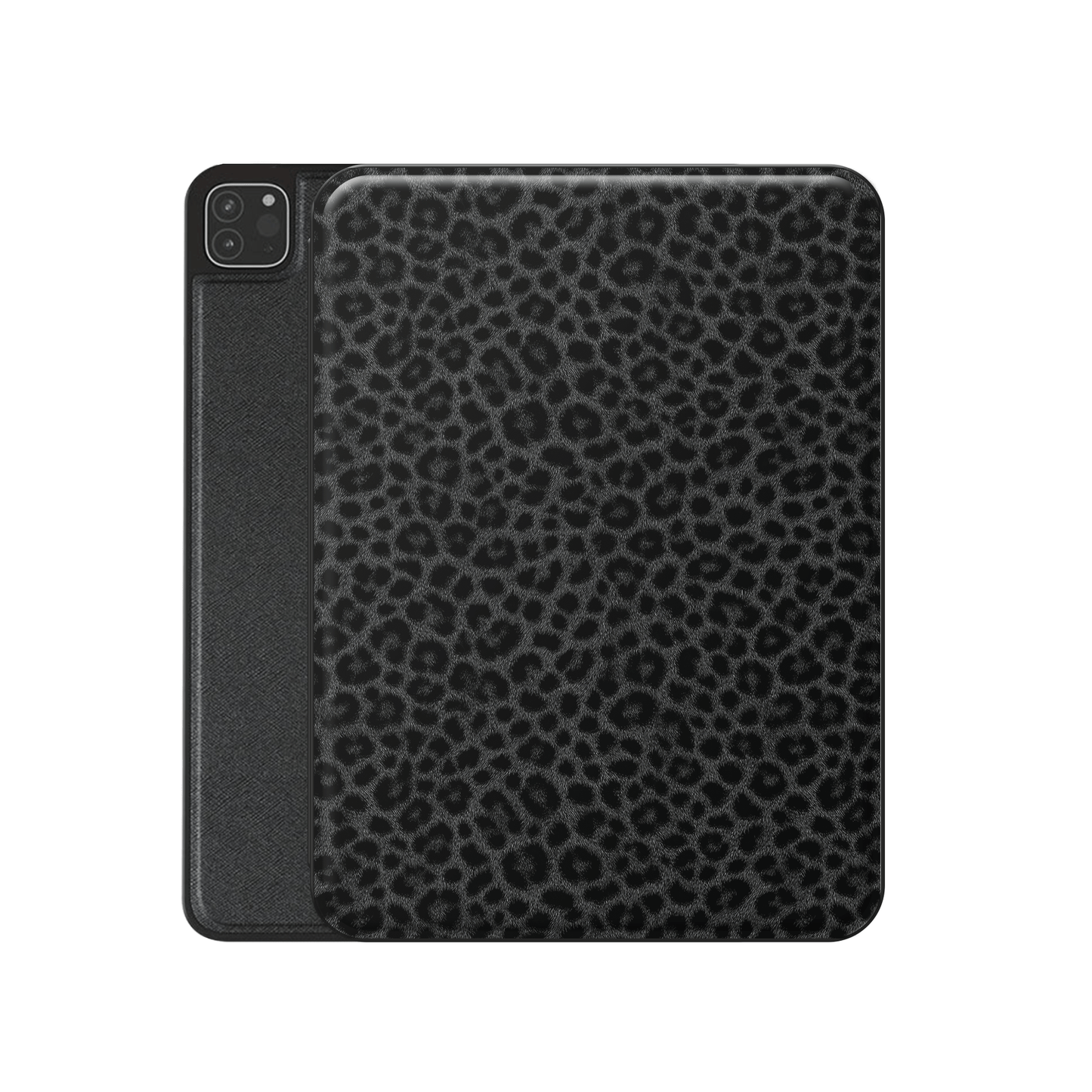Panthera Eclipse iPad Case with dark leopard print, vegan leather exterior and Apple Pencil holder.