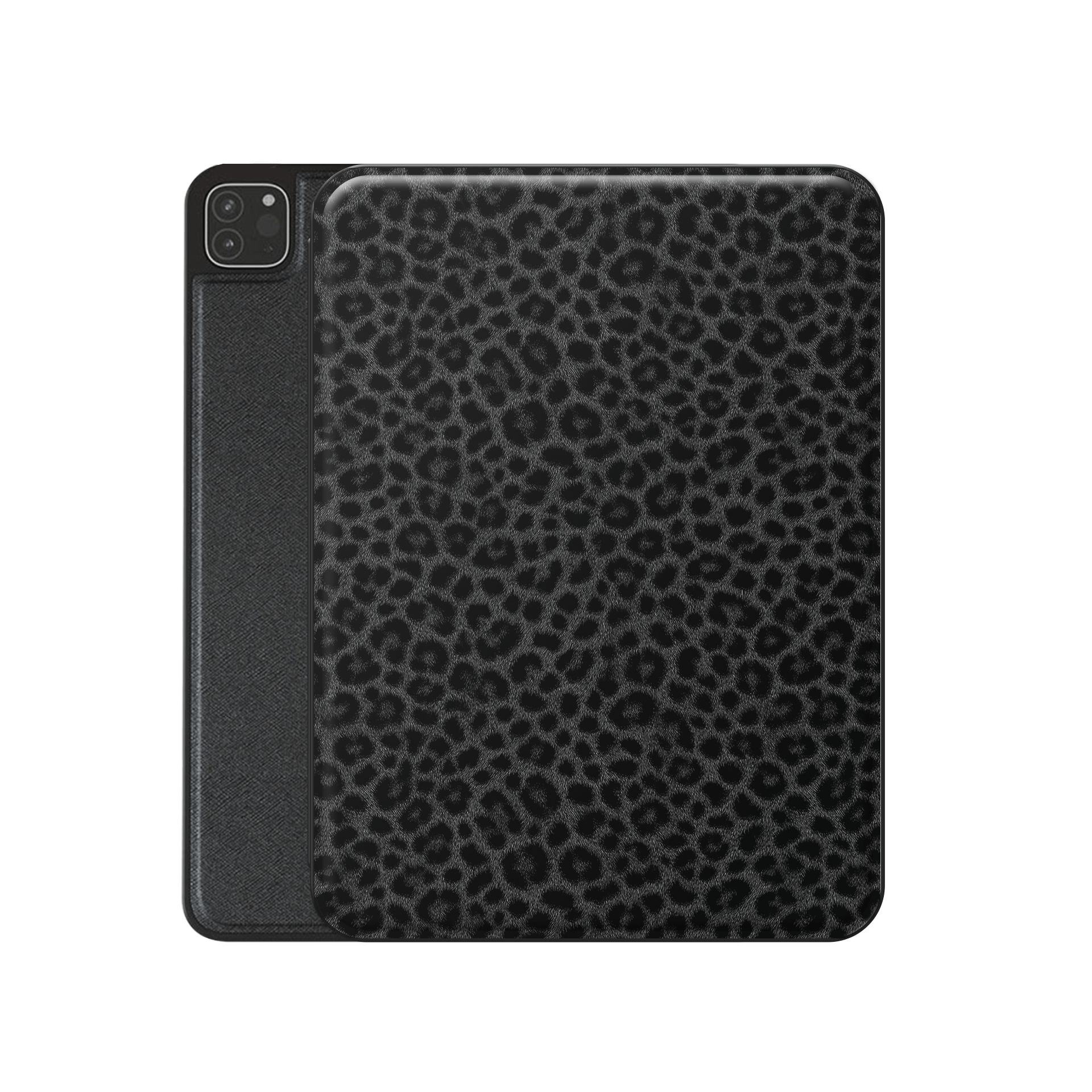 Panthera Eclipse iPad Case with dark leopard print, vegan leather exterior and Apple Pencil holder.