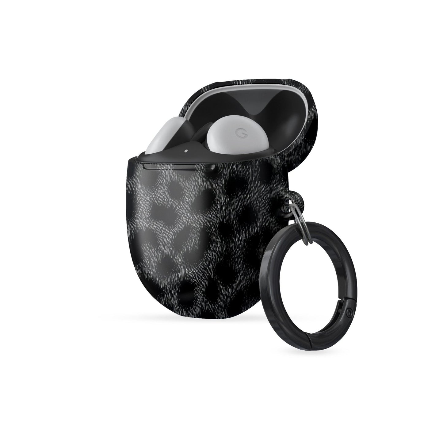 Panthera Eclipse black leopard print Google Pixel Buds case with glossy finish and keyring loop