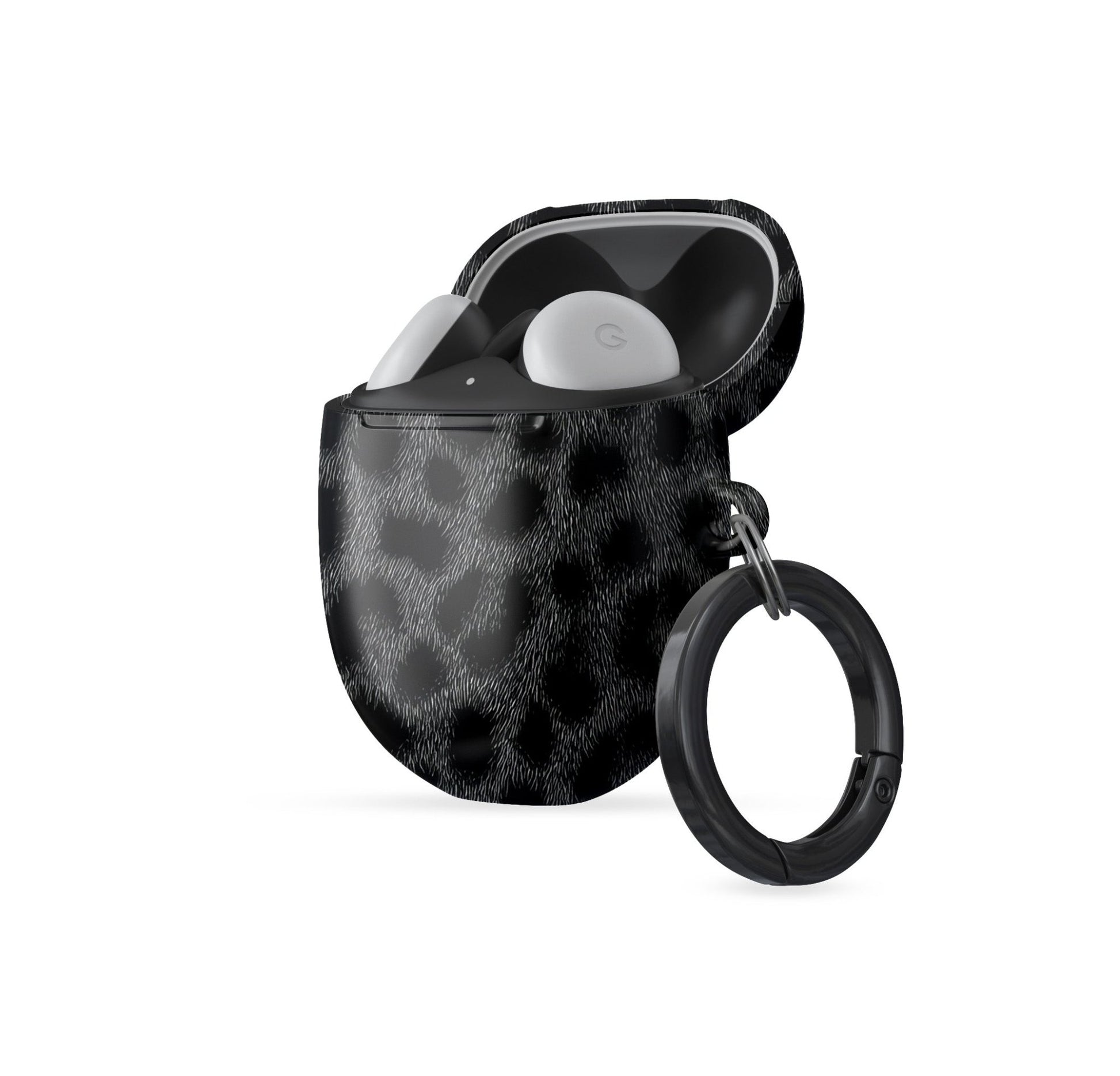Panthera Eclipse black leopard print Google Pixel Buds case with glossy finish and keyring loop