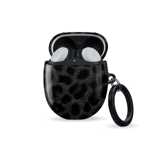 Panthera Eclipse black leopard print Google Pixel Buds case with glossy finish and keyring loop