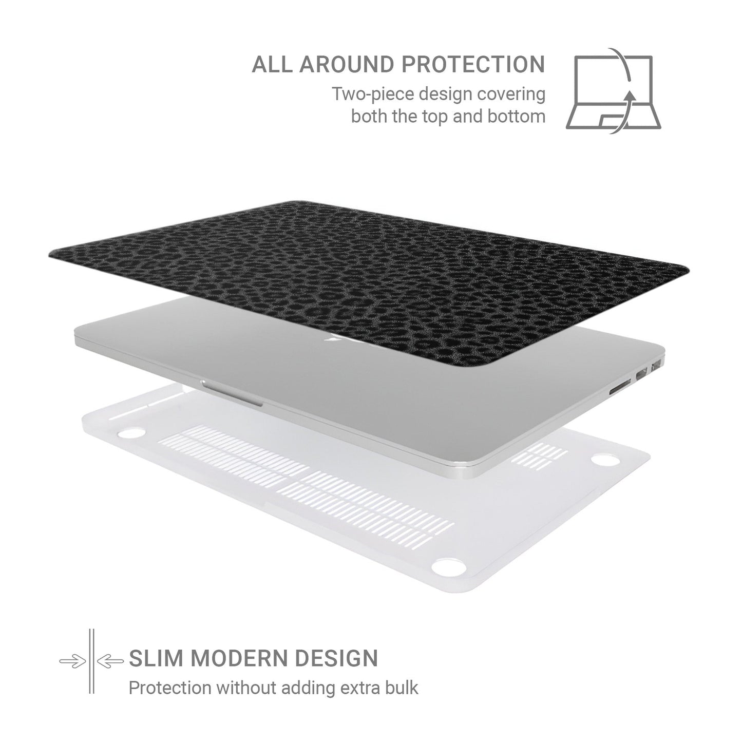 Panthera Eclipse MacBook Case with dark moody leopard print, matte finish, snap-on shell and vented cooling base