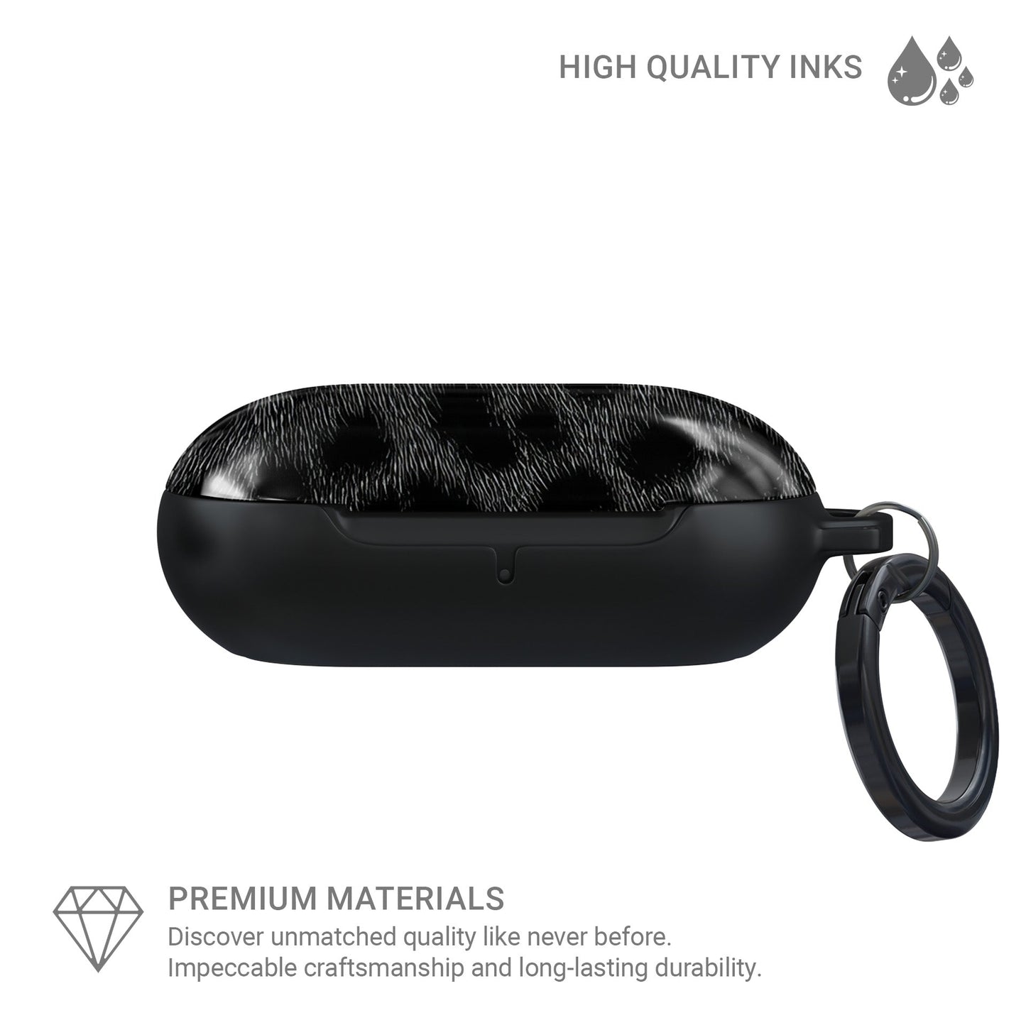 Black leopard Panthera Eclipse Samsung Buds case with glossy finish and keyring loop