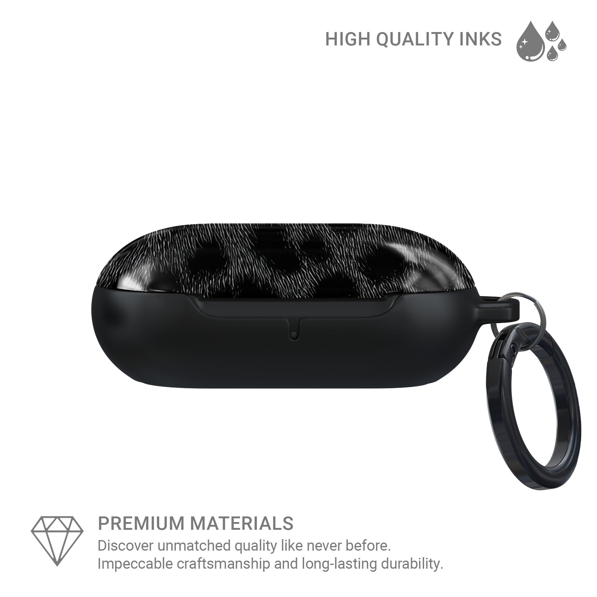 Black leopard Panthera Eclipse Samsung Buds case with glossy finish and keyring loop