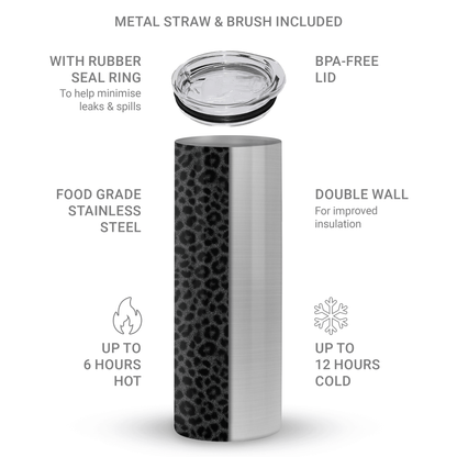 Panthera Eclipse stainless steel tumbler with dark leopard print, metal straw, BPA free lid and double wall insulation.