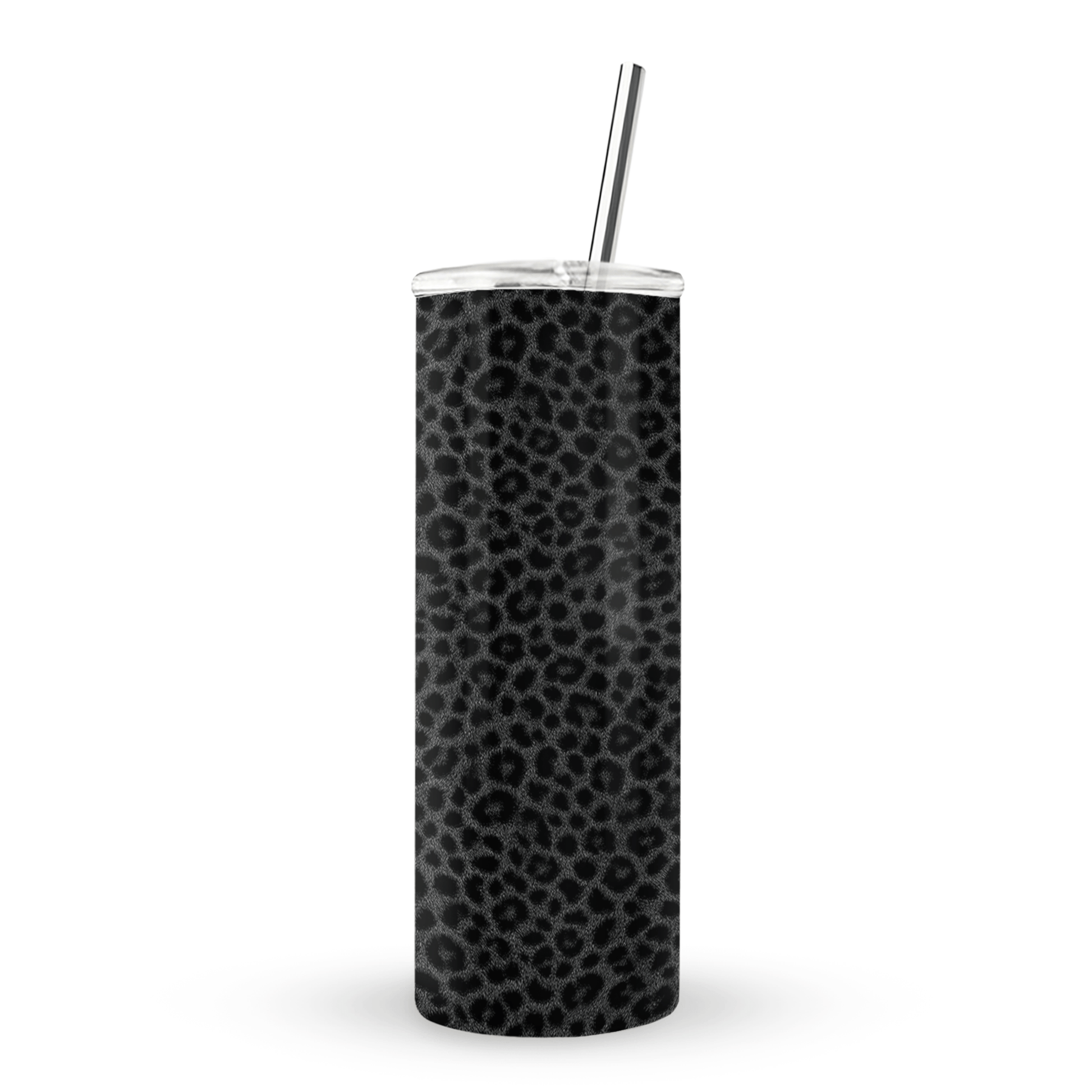 Panthera Eclipse stainless steel tumbler with dark leopard print, metal straw, BPA free lid and double wall insulation.