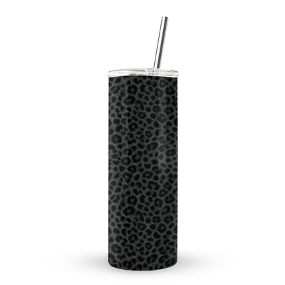 Panthera Eclipse stainless steel tumbler with dark leopard print, metal straw, BPA free lid and double wall insulation.