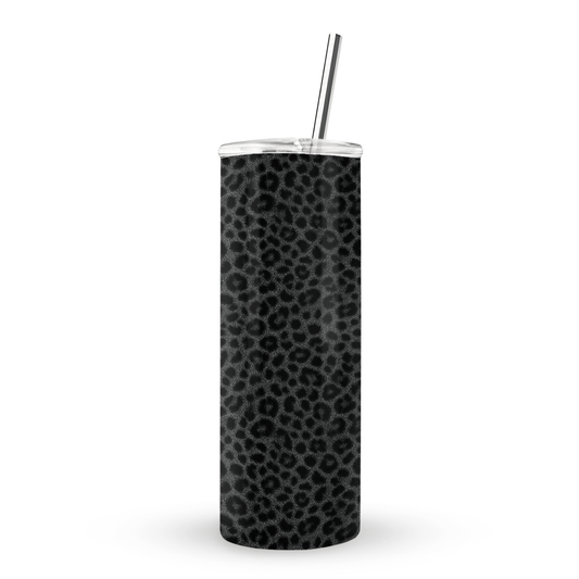 Panthera Eclipse stainless steel tumbler with dark leopard print, metal straw, BPA free lid and double wall insulation.