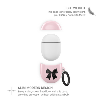 Parisian Satin Google Pixel Buds Case with blush pink background and black satin bow design – elegant coquette cover for Pixel Buds 2, A-Series, Pro, and Pro 2