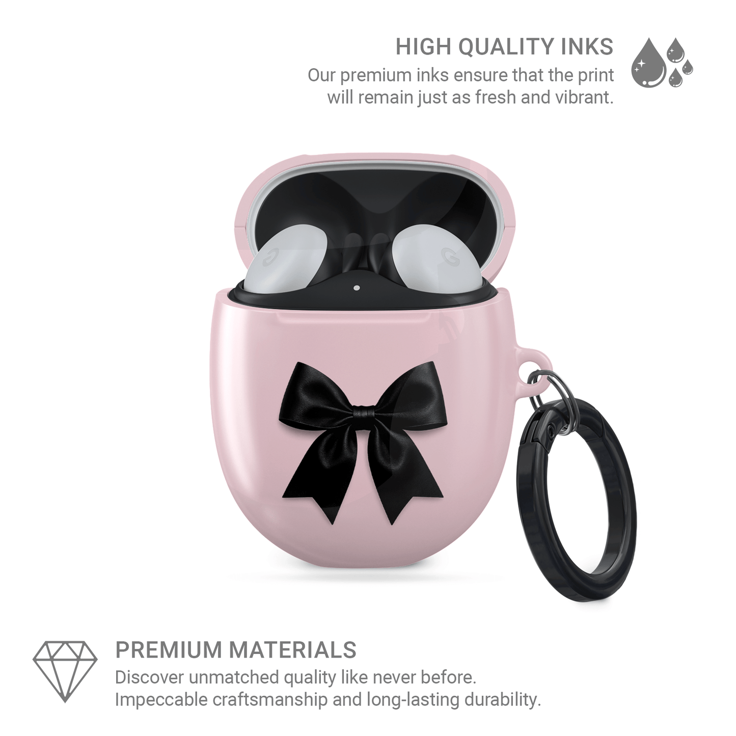 Parisian Satin Google Pixel Buds Case with blush pink background and black satin bow design – elegant coquette cover for Pixel Buds 2, A-Series, Pro, and Pro 2