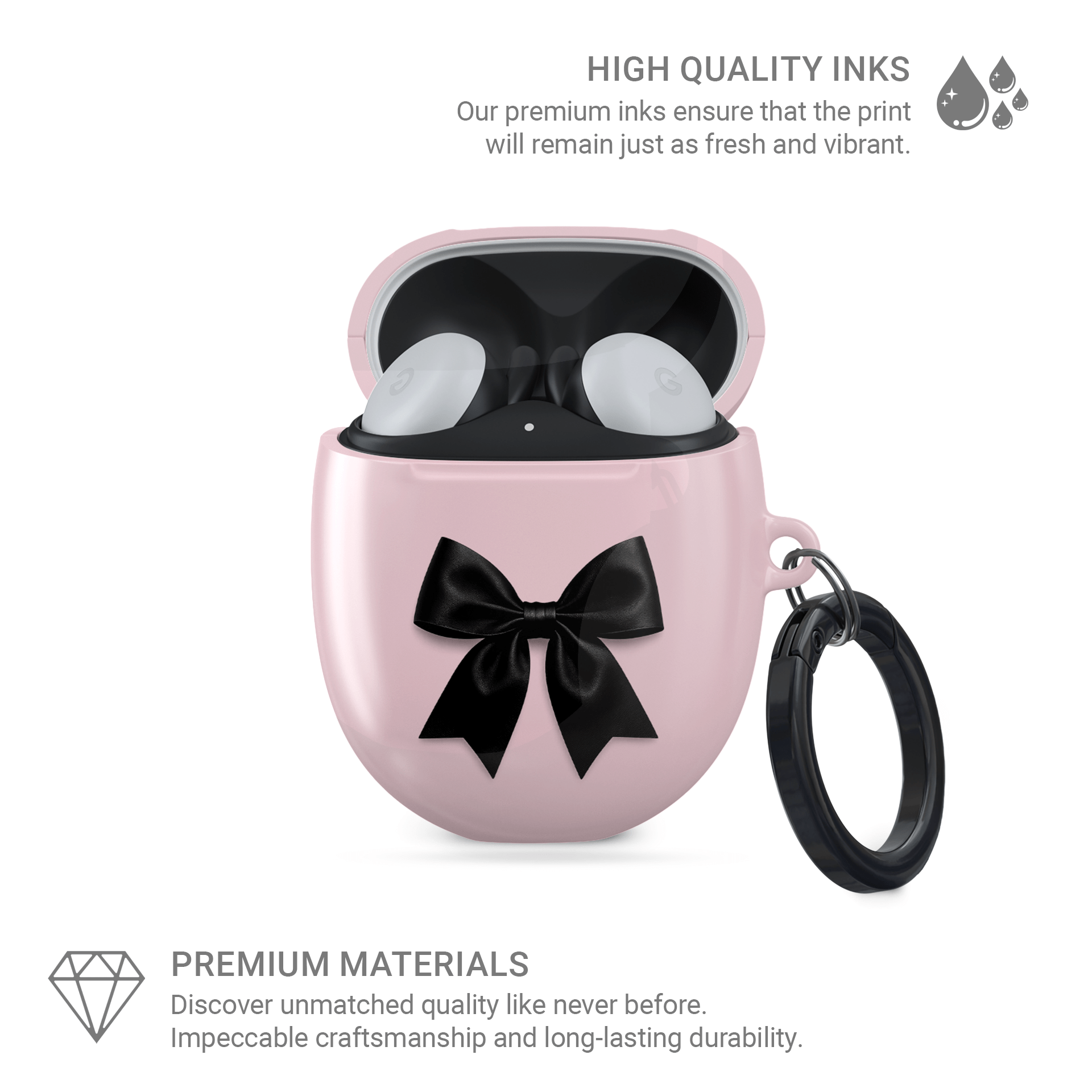 Parisian Satin Google Pixel Buds Case with blush pink background and black satin bow design – elegant coquette cover for Pixel Buds 2, A-Series, Pro, and Pro 2