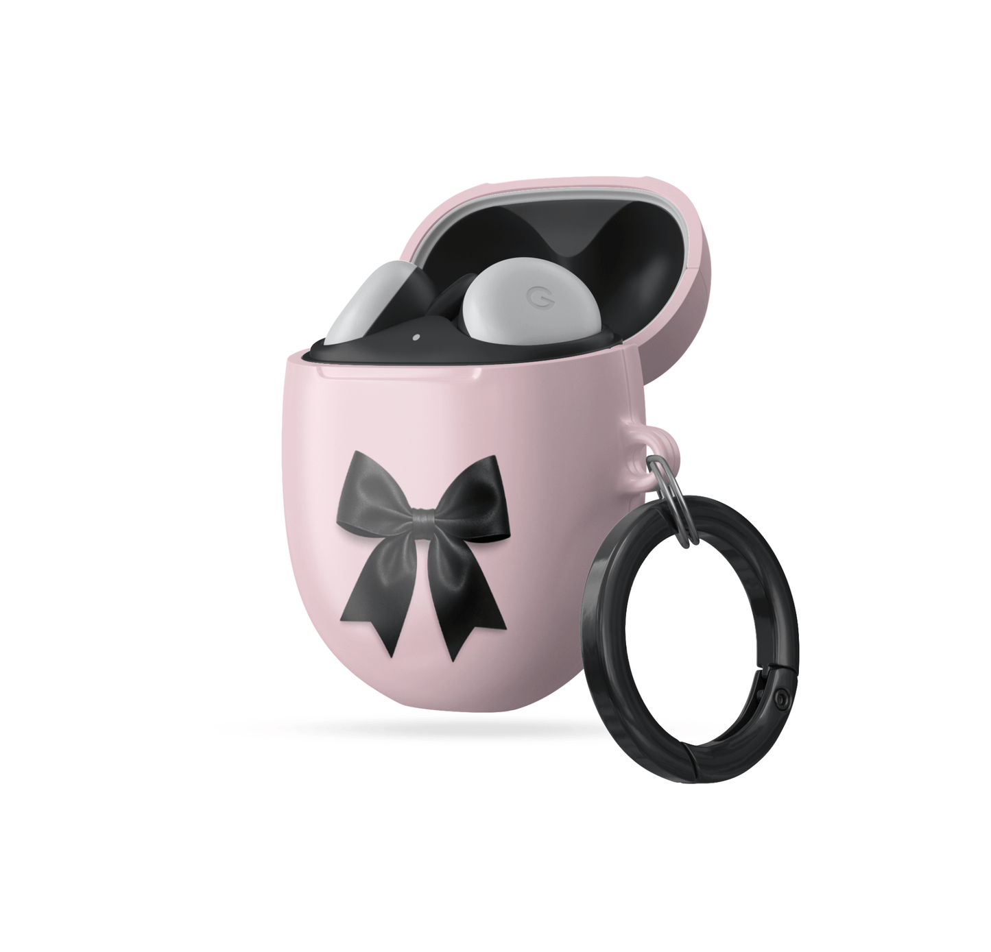 Parisian Satin Google Pixel Buds Case with blush pink background and black satin bow design – elegant coquette cover for Pixel Buds 2, A-Series, Pro, and Pro 2