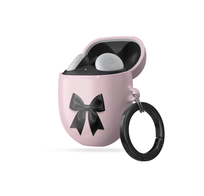Parisian Satin Google Pixel Buds Case with blush pink background and black satin bow design – elegant coquette cover for Pixel Buds 2, A-Series, Pro, and Pro 2