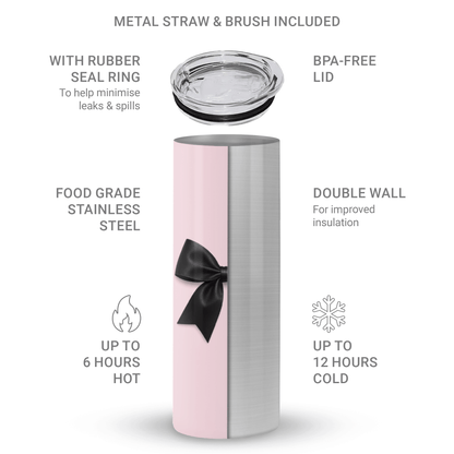 Burga Parisian Satin Stainless Steel Tumbler with elegant black satin bow on blush pink background, insulated, reusable eco-friendly drinkware for hot and cold drinks