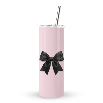 Burga Parisian Satin Stainless Steel Tumbler with elegant black satin bow on blush pink background, insulated, reusable eco-friendly drinkware for hot and cold drinks