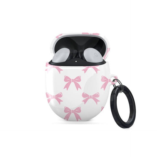 Pastel Confetti Google Pixel Buds Case with pink bow design on white background, slim and stylish protective cover for Pixel Buds 2 and Pro
