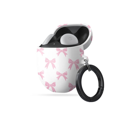 Pastel Confetti Google Pixel Buds Case with pink bow design on white background, slim and stylish protective cover for Pixel Buds 2 and Pro